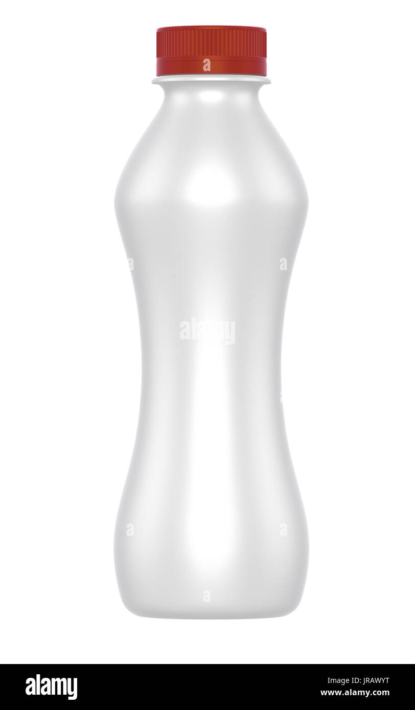 3D rendering realistico di latte o yogurt bottiglia di plastica con coperchio rosso su sfondo bianco. Tracciato di ritaglio Foto Stock