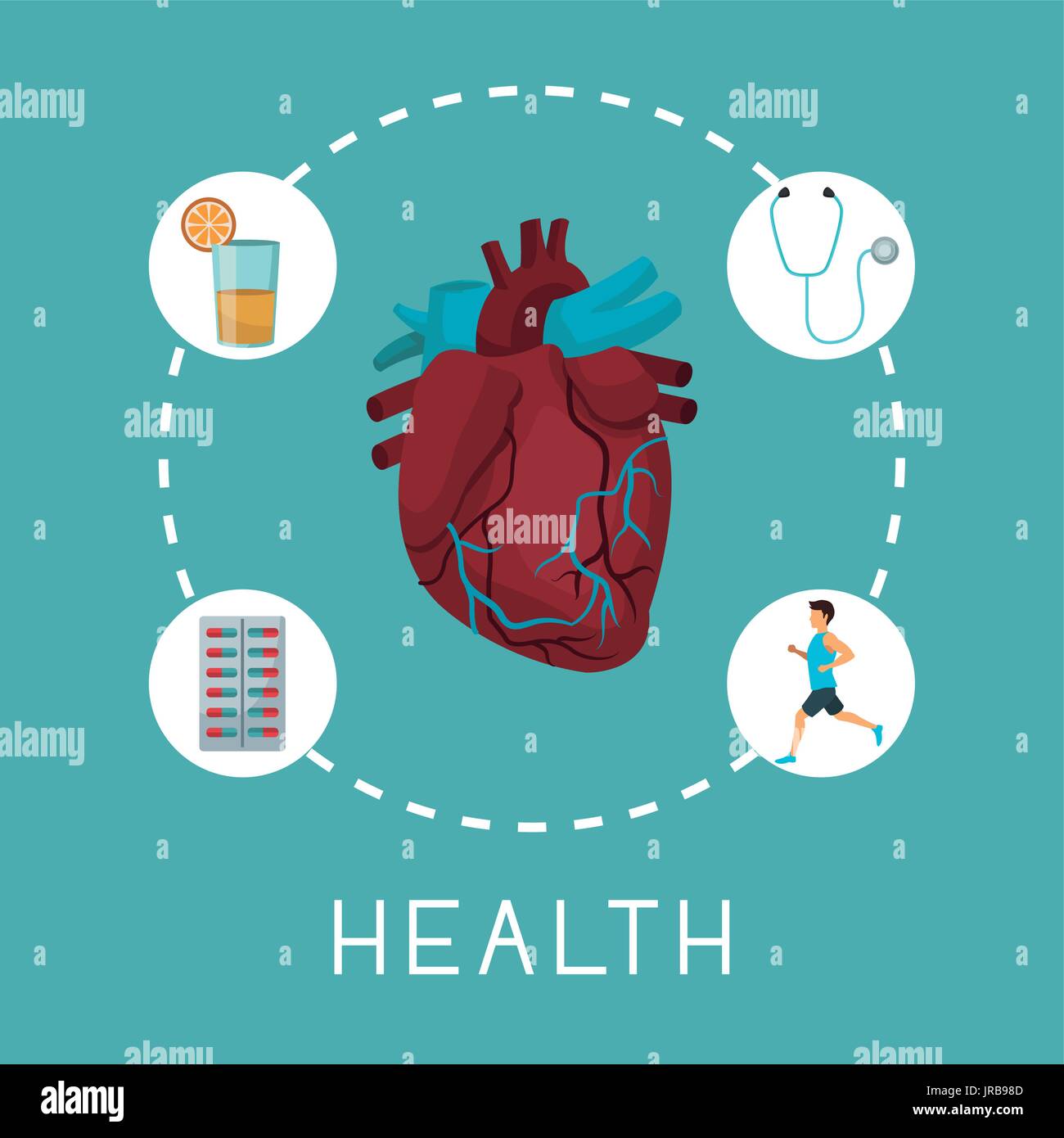 Colore di sfondo con cuore organo in centro con le icone intorno al testo la salute Illustrazione Vettoriale