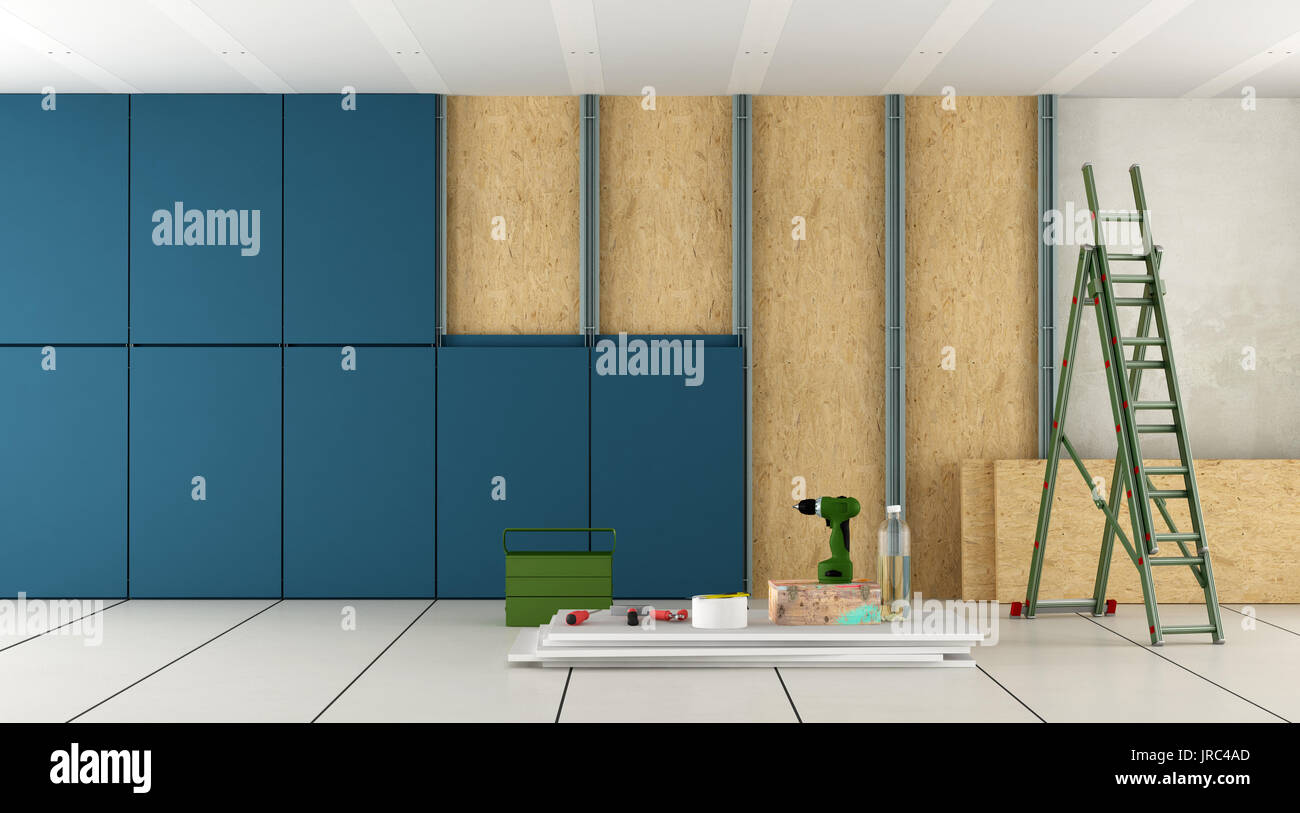 Isolamento di una vecchia sala con pannelli in gesso cartonato ,fibra di  legno e blu pannelli decorativi - 3d rendering Foto stock - Alamy