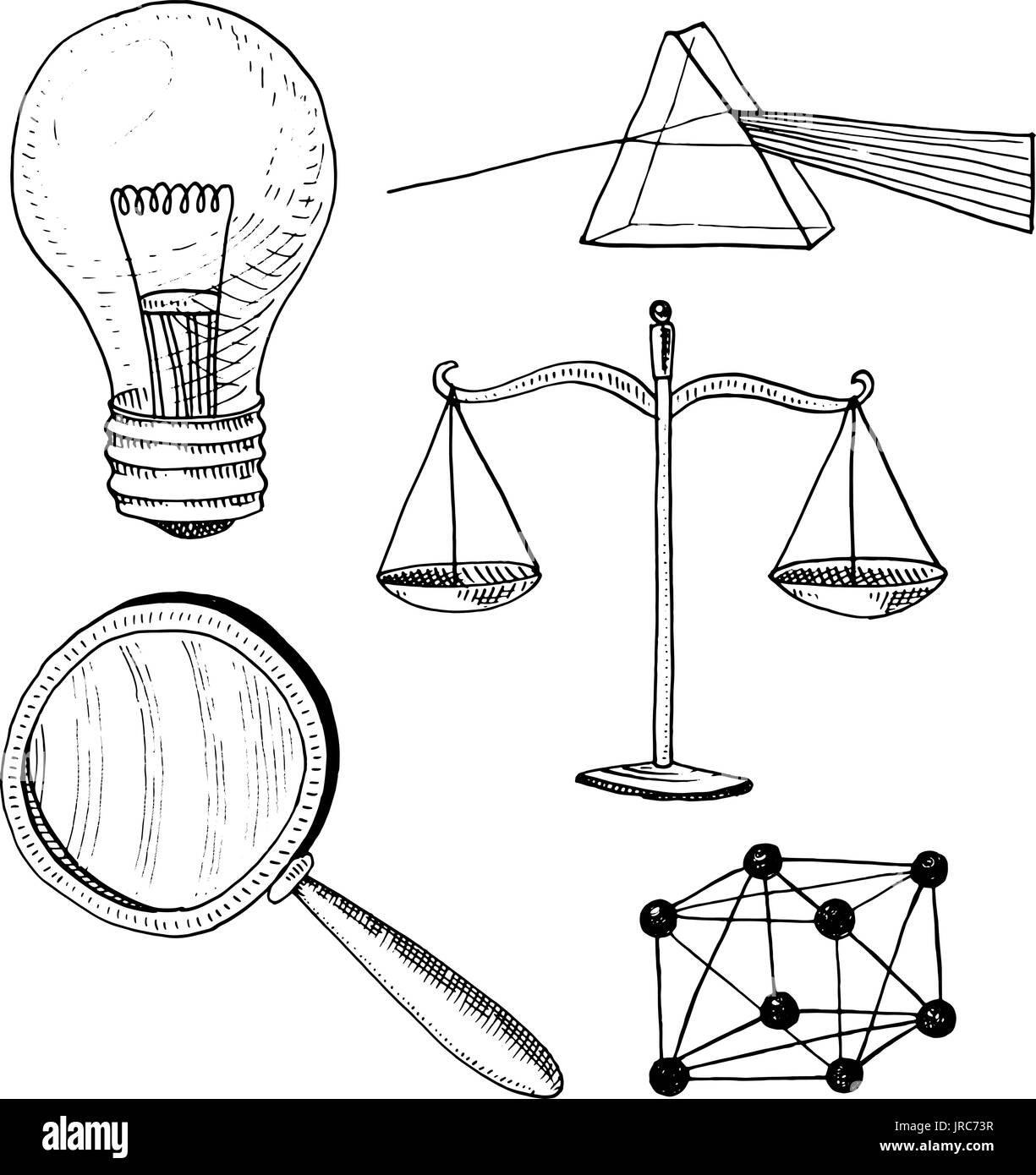 Lampadina e prisma, reticolo cristallino e scala con lente di ingrandimento. incisi disegnati a mano nel vecchio disegno e simboli vintage. Si torna a scuola elementi di scienza o di fisica e
