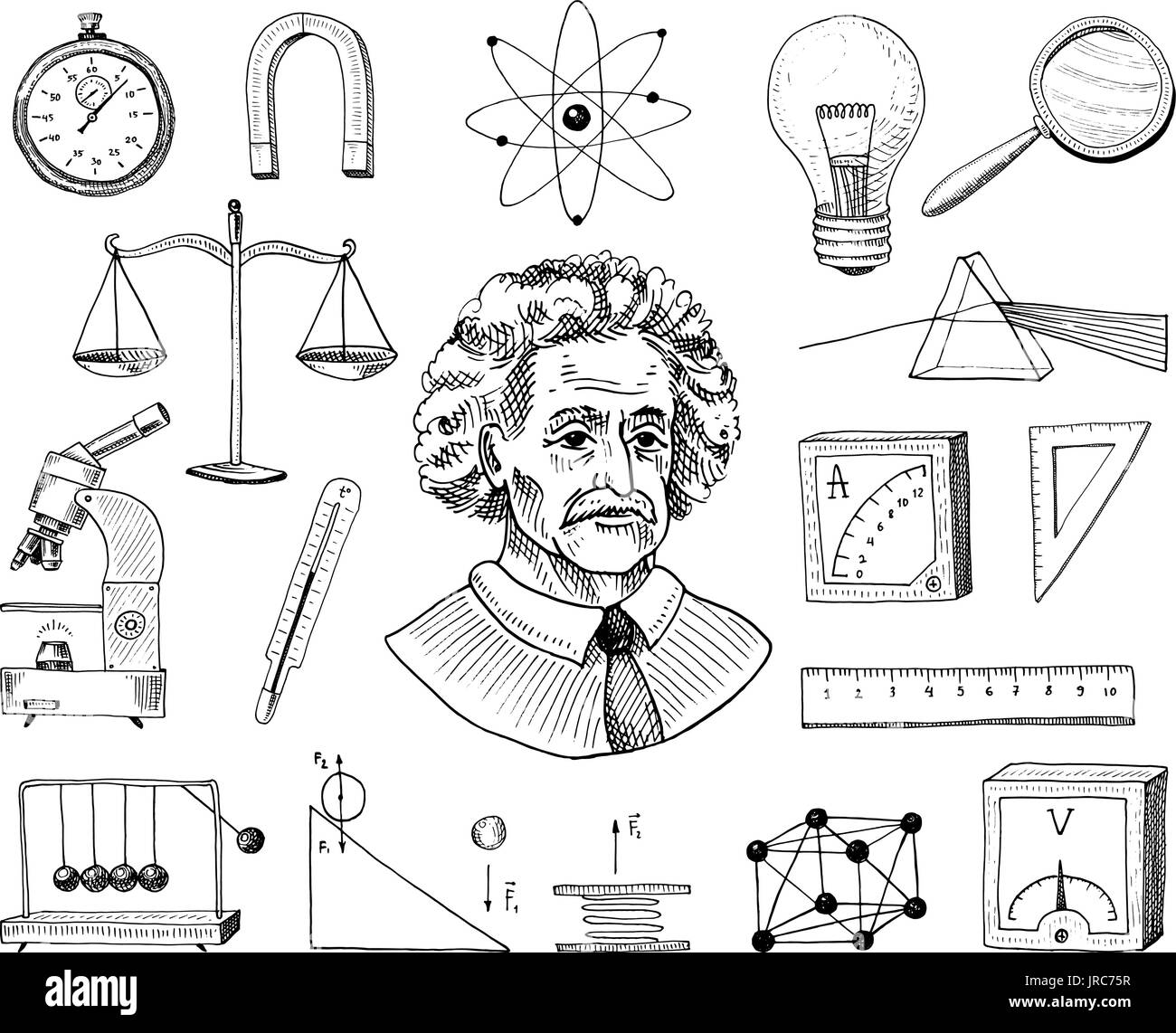 Atom e il voltmetro con moto perpetuo, circuito e grafico. incisi disegnati a mano nel vecchio disegno e simboli vintage. i calcoli della fisica si torna a scuola elementi di scienza e