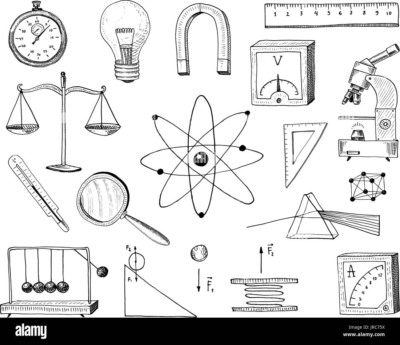 Bussola e magnete, alpelmet con il termometro e microscopio. incisi disegnati a mano nel vecchio disegno e simboli vintage Calcolo in fisica torna a elemento della scuola di scienza e di esperimenti