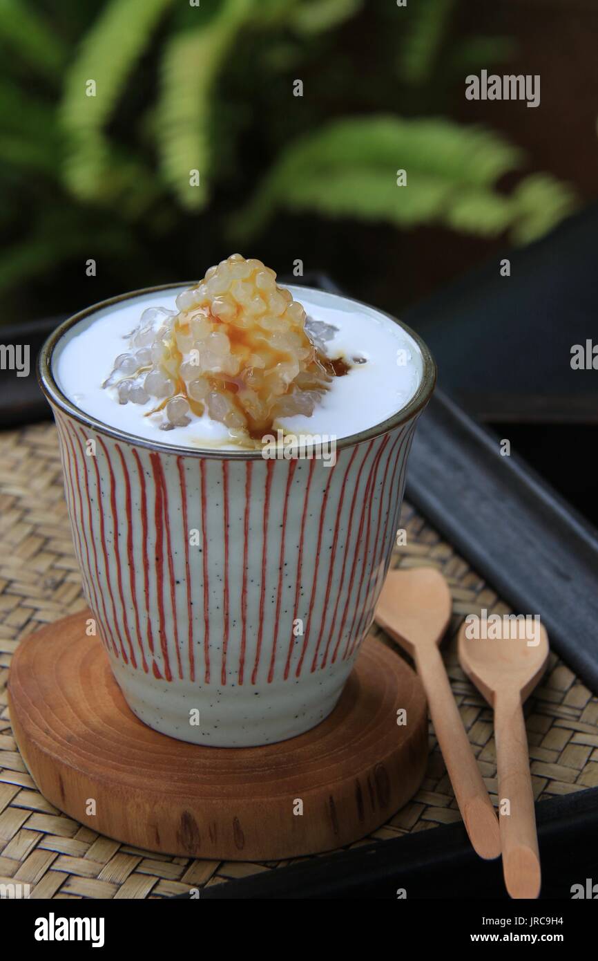 Il sago Gula Melaka. Tradizionale dessert malese di sago tapioca pudding con latte di cocco e di palma di sciroppo di zucchero. Foto Stock