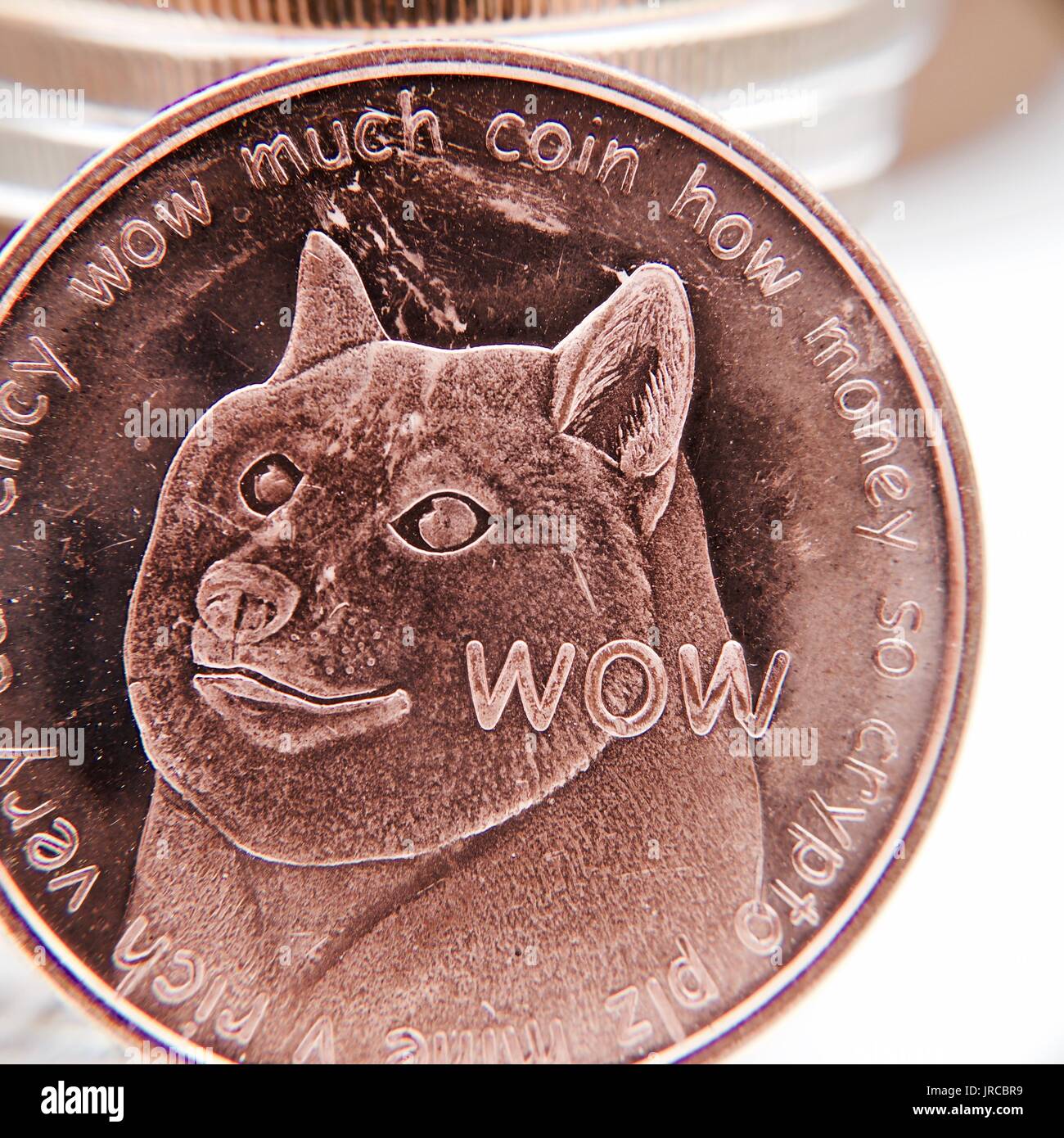 Valuta digitale fisico dogecoin ottone medaglia con il cane. La fotografia macro. Foto Stock