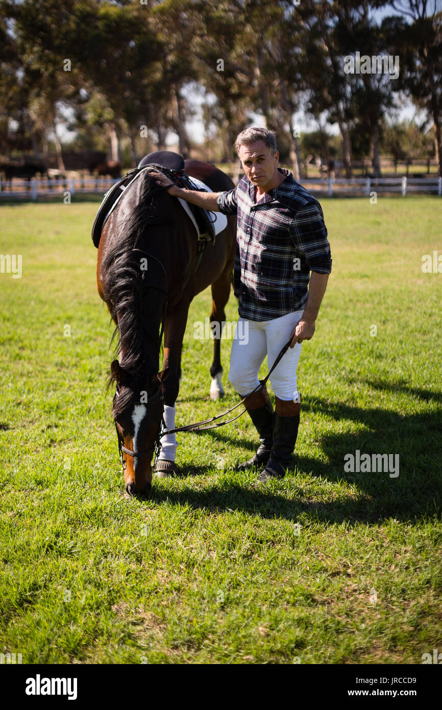 Uomo in piedi con cavallo al ranch in una giornata di sole Foto Stock