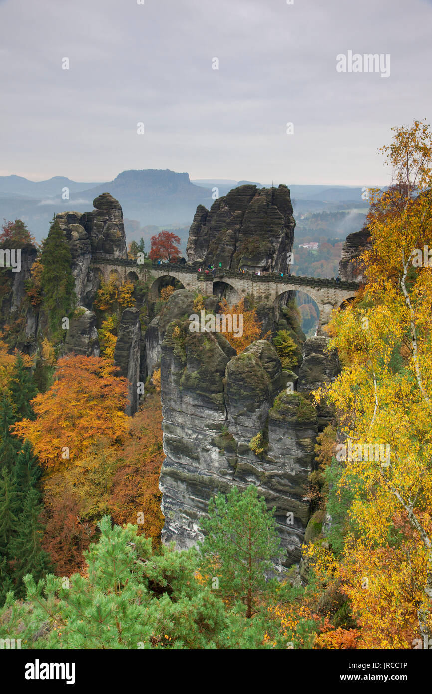 Bastei Bridge / Basteibrücke sopra il fiume Elba in montagne di roccia arenaria dell'Elba in autunno, Svizzera Sassone National Park, in Sassonia, Germania Foto Stock