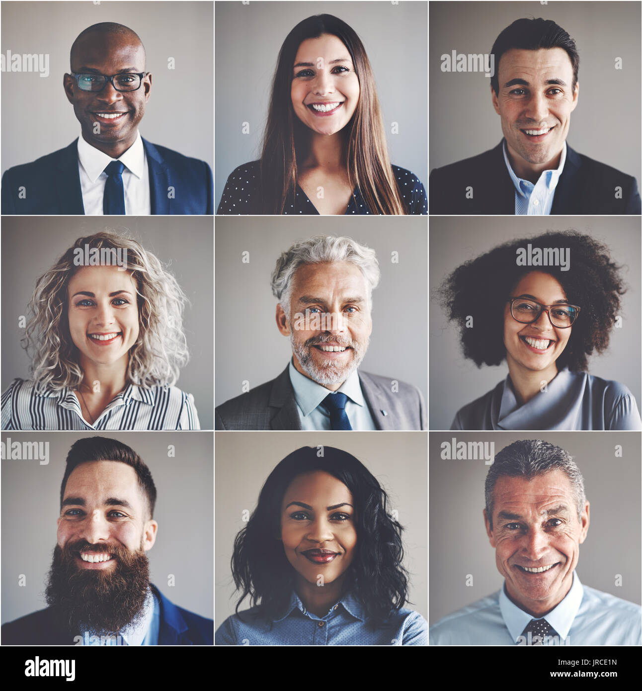 Collage di ritratti di un etnicamente composita miscelata e gruppo di età degli imprenditori focalizzati e imprenditrici Foto Stock