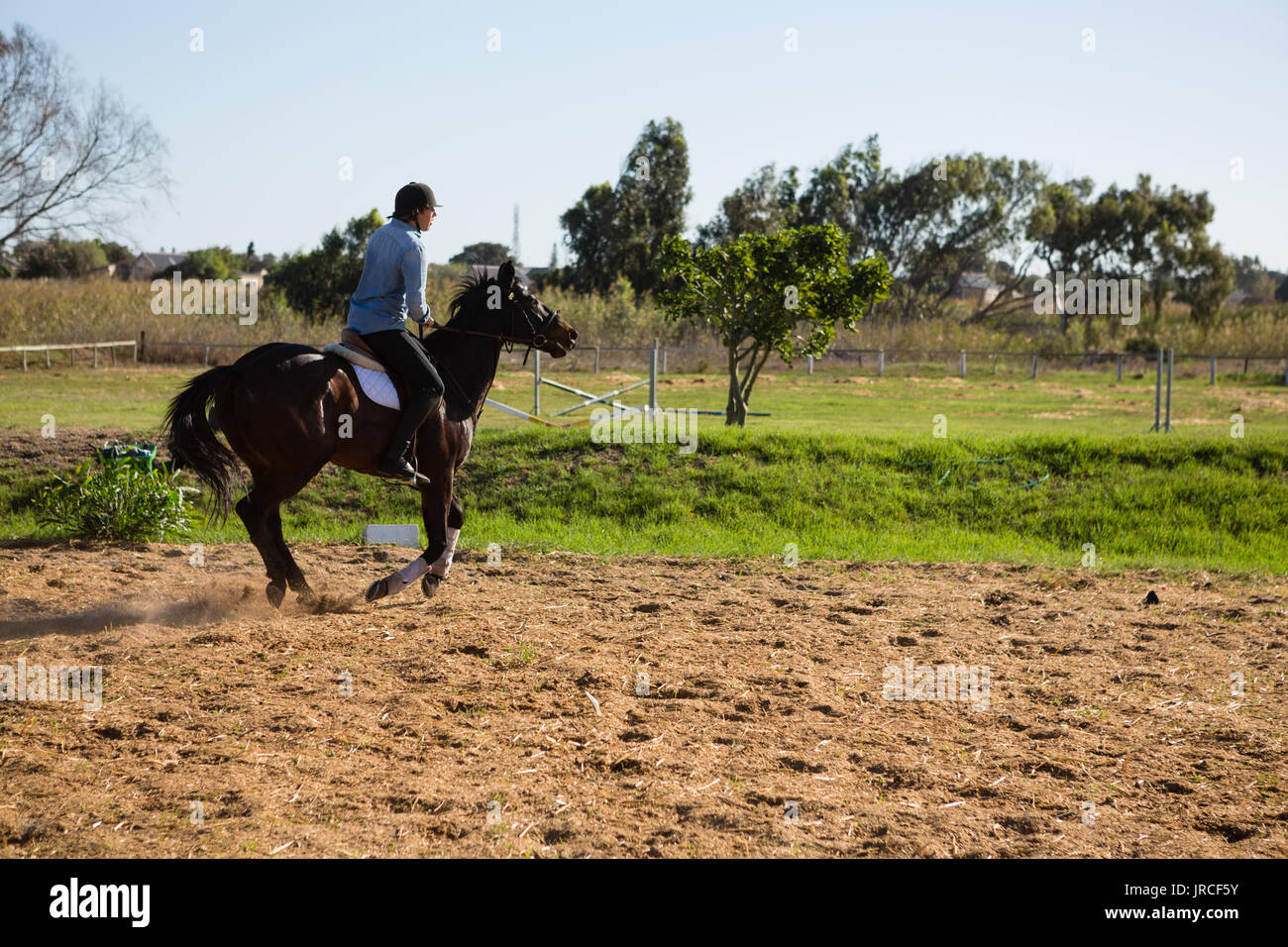 Jockey maschio in sella ad un cavallo in un ranch in una giornata di sole Foto Stock