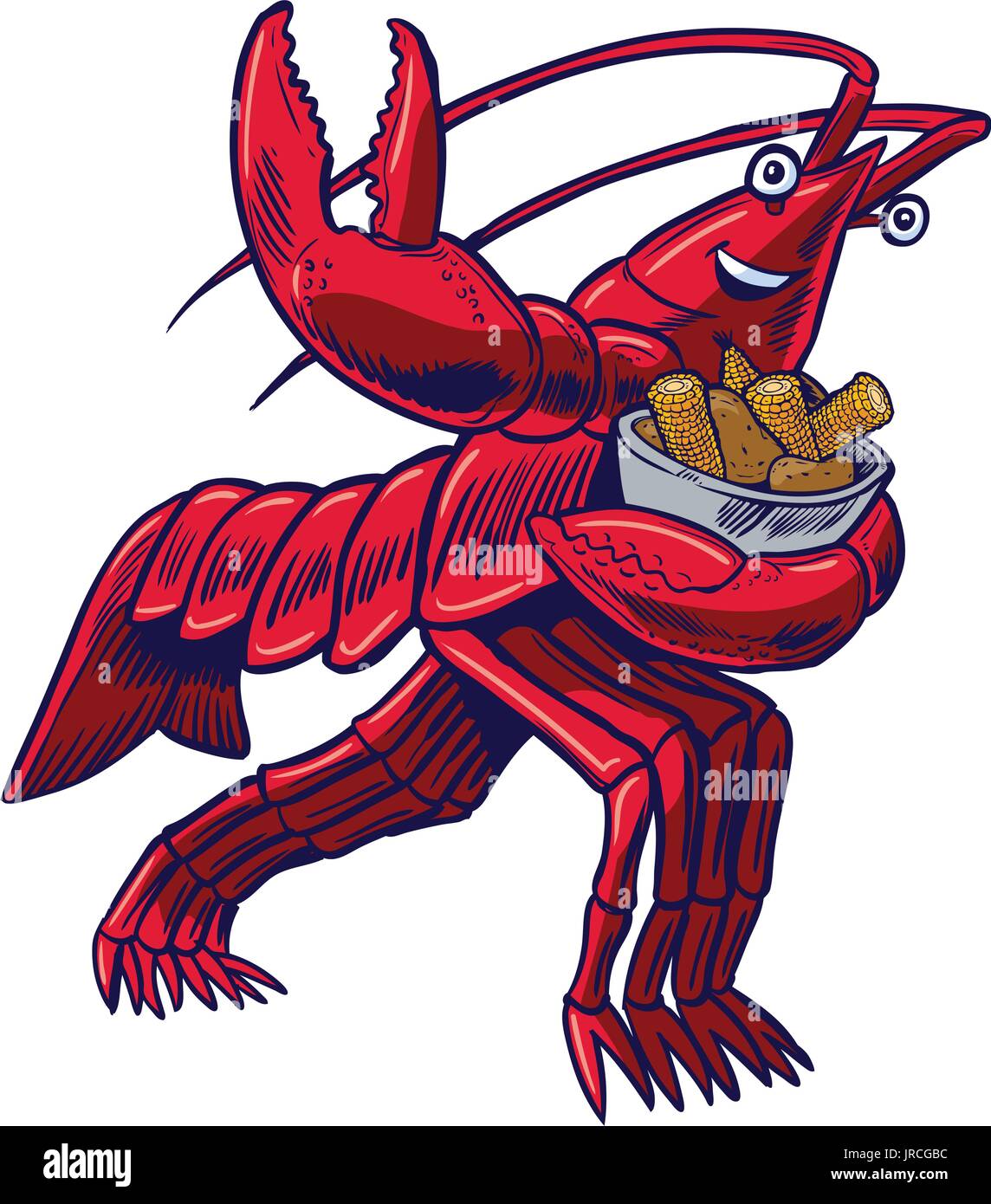 Vector cartoon clip art illustrazione di un gambero, aragosta, crawdad, o astice nel Trofeo Heisman pongono tenendo una ciotola di mais e patate Illustrazione Vettoriale