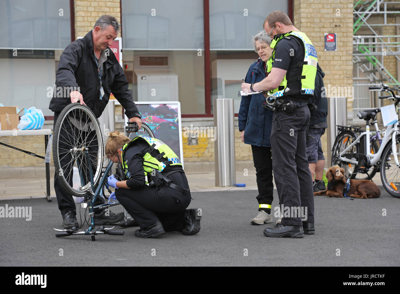 Una bicicletta registrazione evento in Cambridge, UK. Una femmina di funzionario di polizia contrassegni di sicurezza una bici mentre i dettagli sono registrati da un collega. Foto Stock