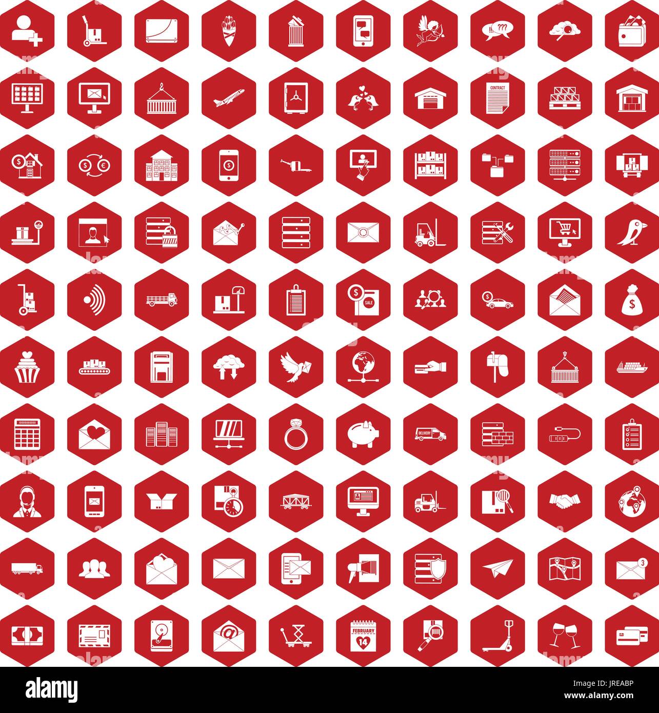 100 Servizio postale icone rosso esagonale Illustrazione Vettoriale