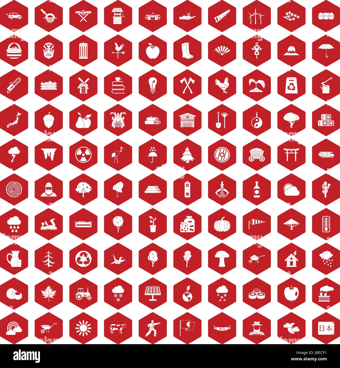 100 icone ad albero rosso esagonale Illustrazione Vettoriale