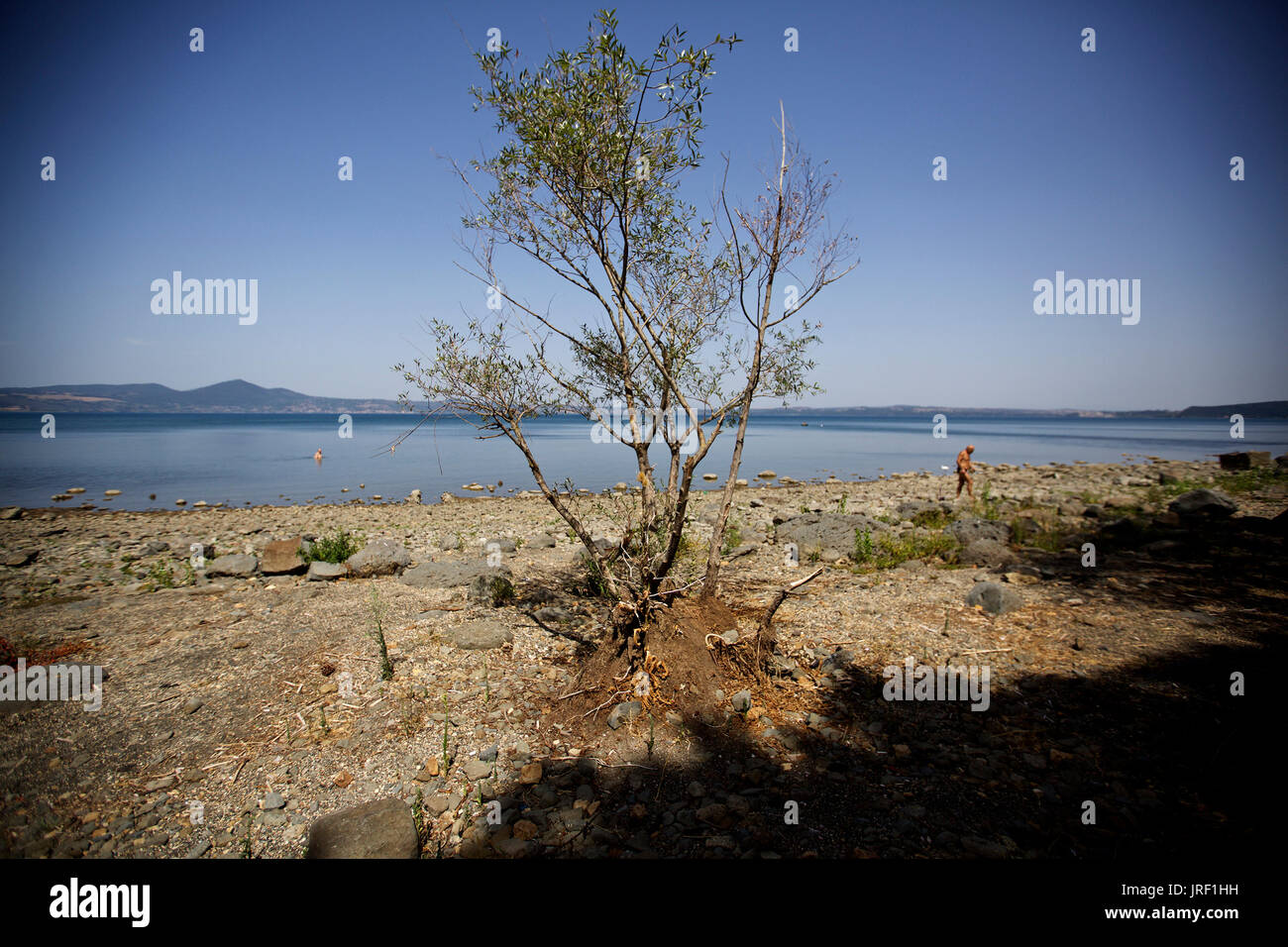 Roma. Il 3° agosto 2017. Foto scattata il 3 agosto, 2017 mostra la sabbia sottomarina e pietra emerse in seguito alla siccità nel lago di Bracciano, a Roma il backup di alimentazione idrica, in Italia. Con la capitale italiana afferrata da una siccità paralizzanti e la sua più grave ondata di calore negli anni, gli analisti ha detto il governo della città ha bisogno di apportare modifiche strutturali per evitare il peggio urti da futuri attacchi con calore estremo. Credito: Jin Yu/Xinhua/Alamy Live News Foto Stock