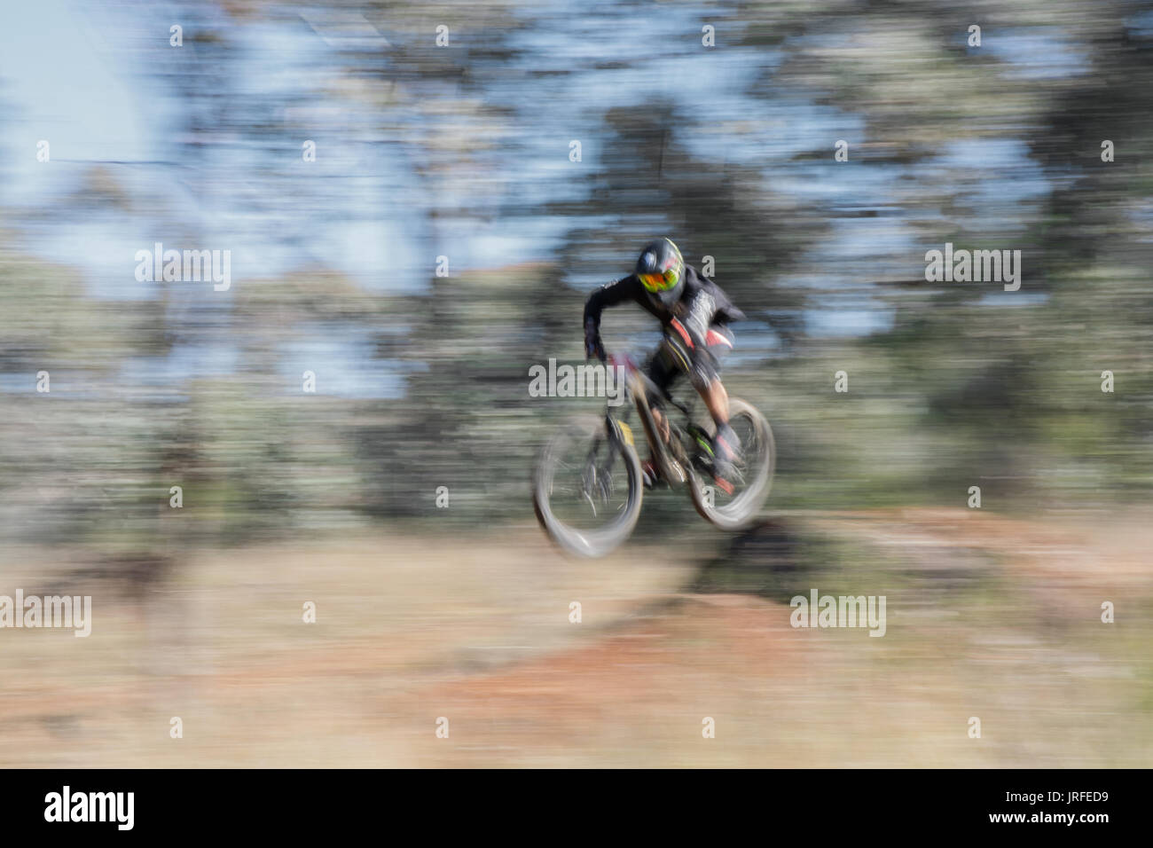 Mountain bike racer saltando su una roccia a Monte Borah NSW Australia. Foto Stock