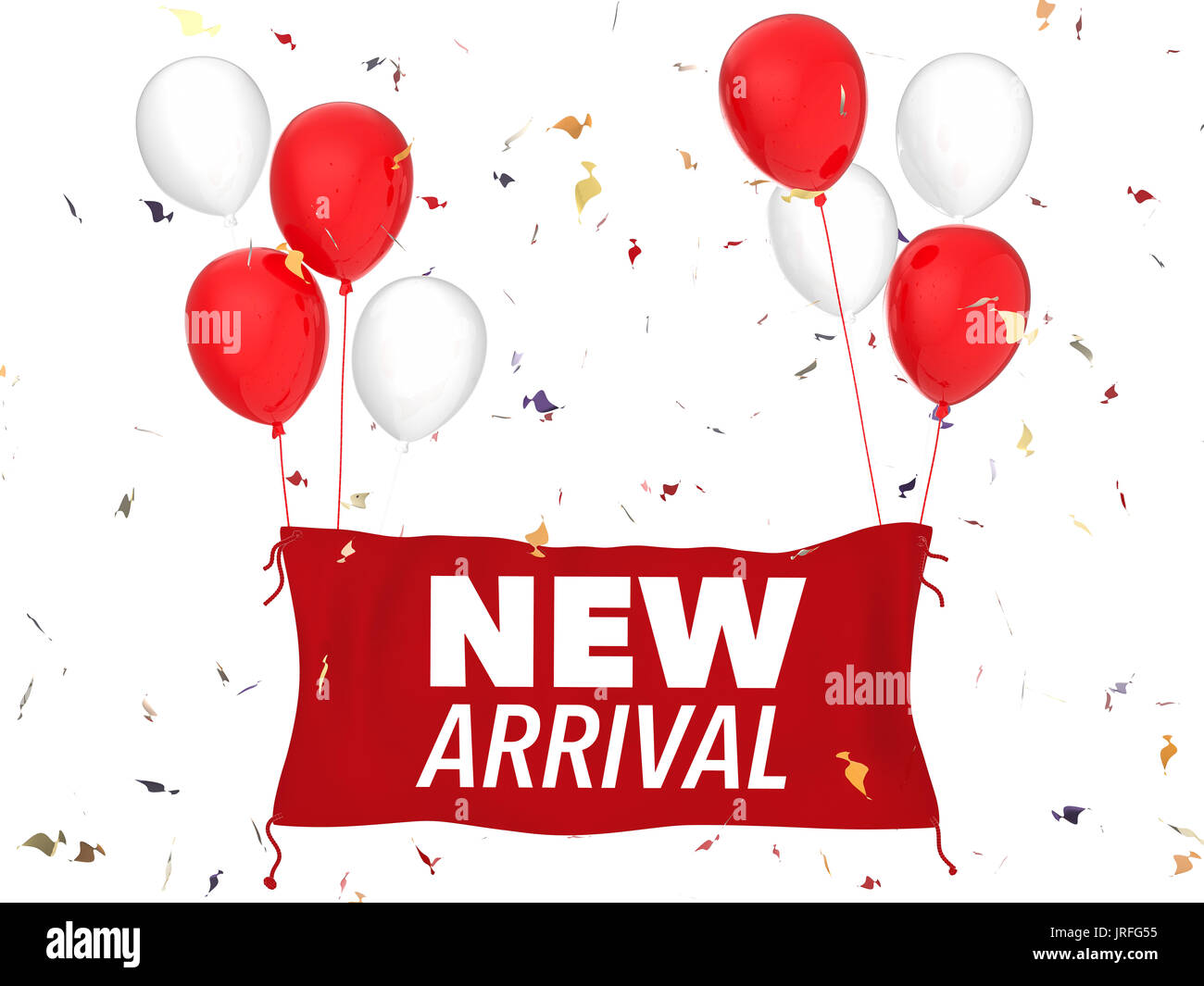 3D rendering nuovo arrivo concetto con panno rosso banner, palloncini rossi e coriandoli Foto Stock