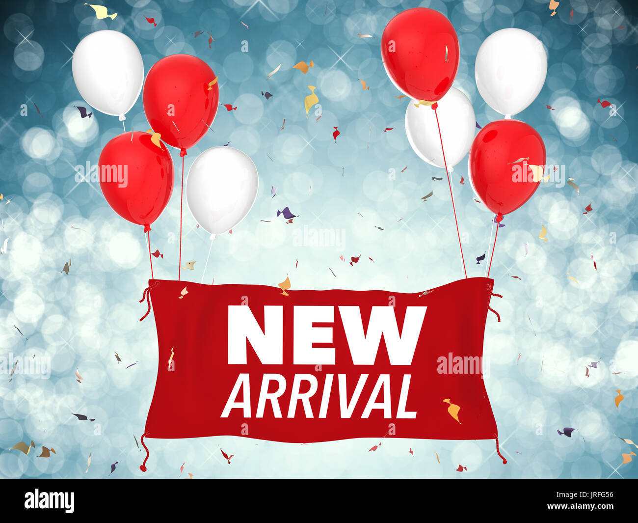 3D rendering nuovo arrivo concetto con panno rosso banner, palloncini rossi e coriandoli Foto Stock