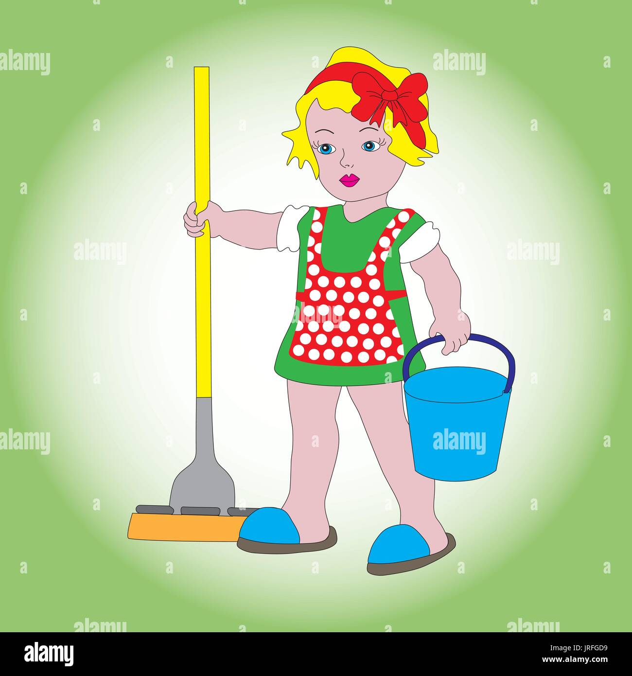 Un po' di dolce ragazza con una benna e un mop per pulizia. Un simbolo di pulizia, ordine e pulizia. Illustrazione Vettoriale