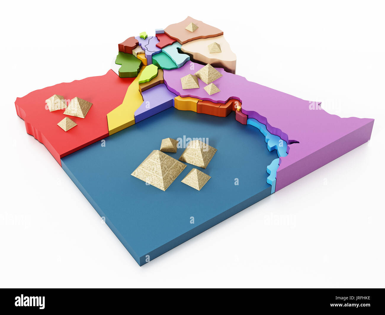 Mappa di Egitto con le regioni e le piramidi. 3D'illustrazione. Foto Stock