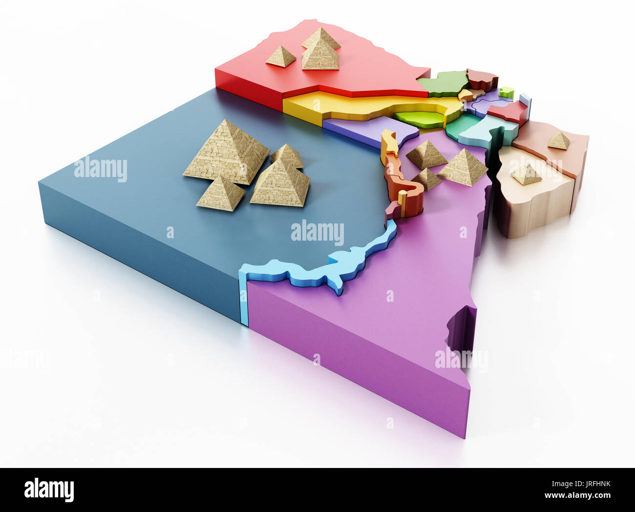Mappa di Egitto con le regioni e le piramidi. 3D'illustrazione. Foto Stock
