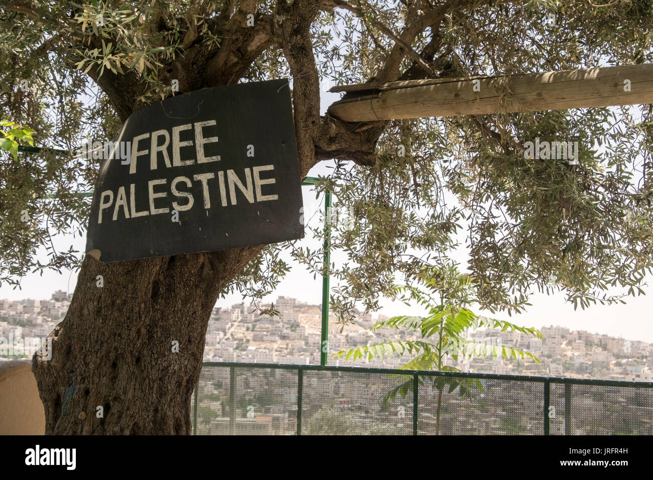 Una vista del centro della città in conflitto di Hebron come visto da un quartiere palestinese che si affaccia su di esso con la Palestina libera segno su una struttura ad albero Foto Stock