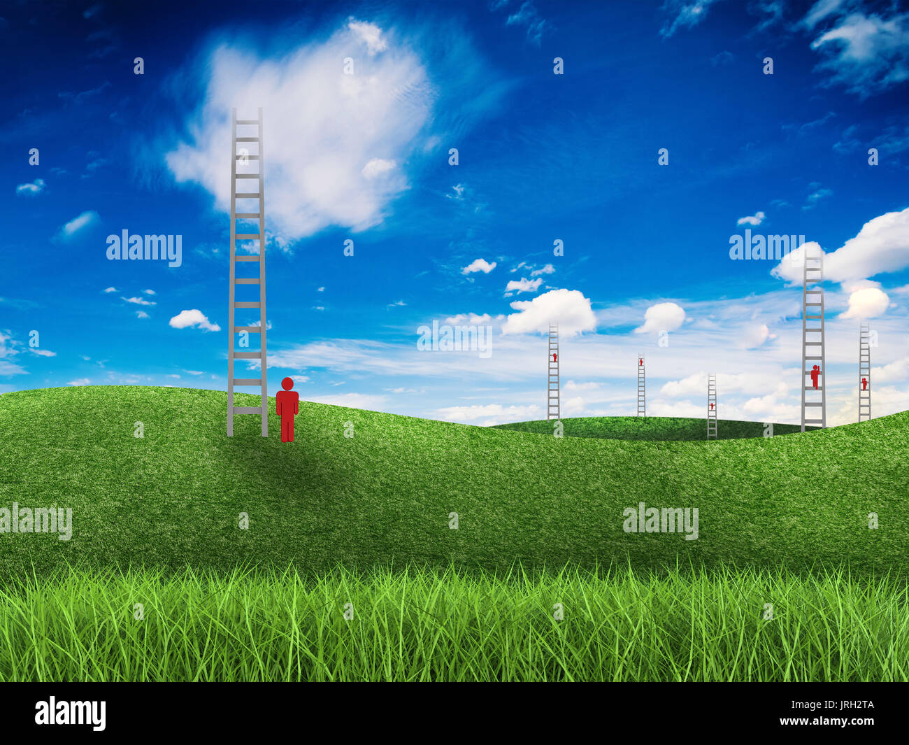 Sfida aziendale concetto dell'uomo con la scaletta di arrampicata al cloud Foto Stock