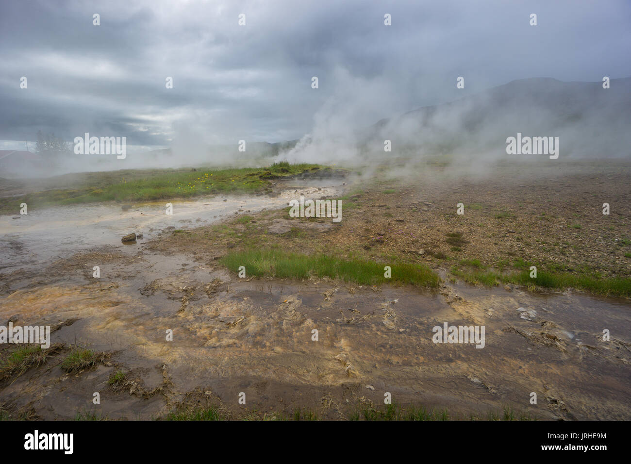Islanda - massa per la cottura a vapore e il fiume caldo a Geyser Strokkur Foto Stock