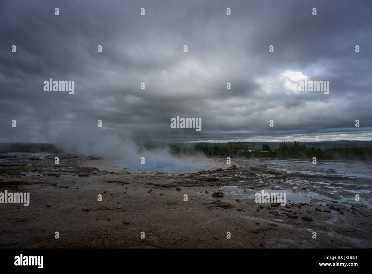 Islanda - turchese hot acqua bollente, prima Eruzione del geyser strokkur con alberi Foto Stock