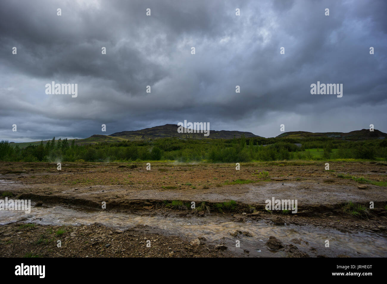 Islanda - alberi verdi e le montagne alle spalle della cottura a vapore fiume caldo Foto Stock