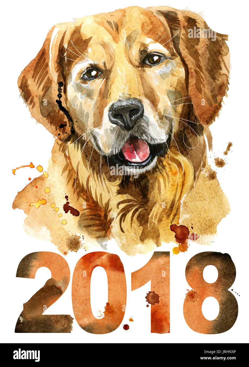 Cute cane. Dog T-shirt grafica. acquerello golden retriever illustrazione. Nuovo anno 2018 Foto Stock