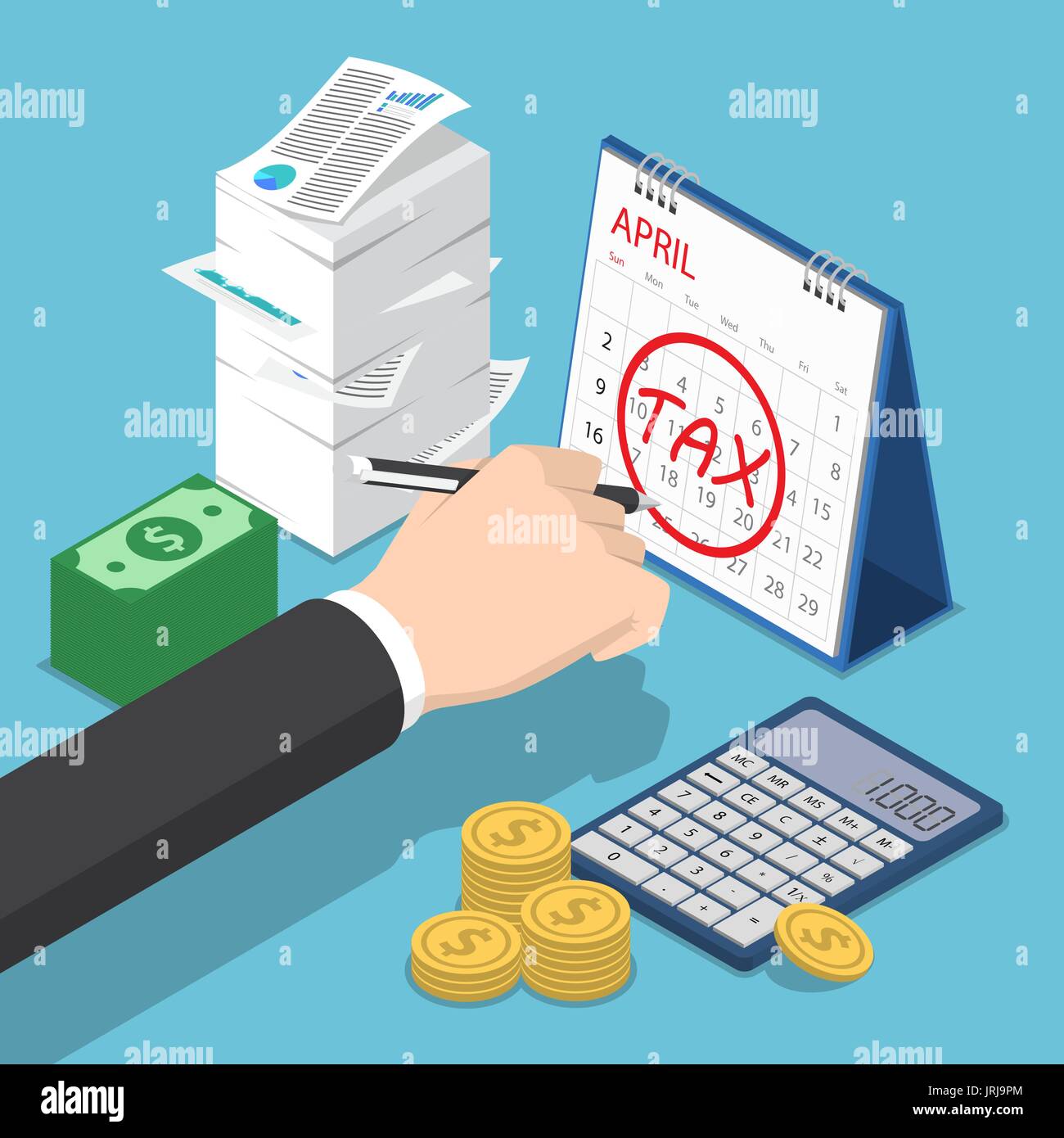 Appartamento 3D isometrica imprenditore marcatura a mano segno di imposta sul calendario. Imposta sul concetto di giorno Illustrazione Vettoriale
