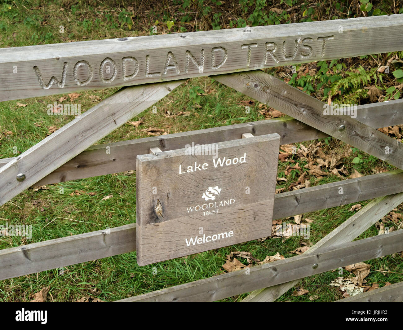 Bosco in legno fiducia il cancello di entrata al lago di legno, uckfield, east sussex, Regno Unito Foto Stock