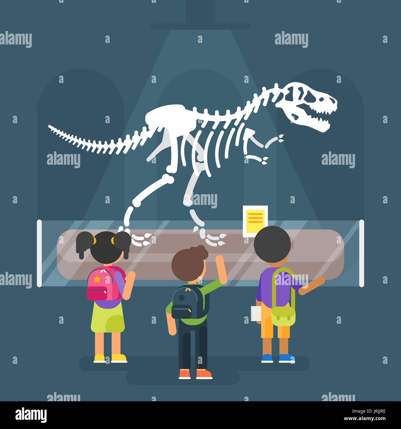 Vettore stile piatto illustrazione di scheletro di dinosauro nel museo. Predatore preistorico - Tyrannosaurus Rex. I bambini guardano su antiche animale. Illustrazione Vettoriale