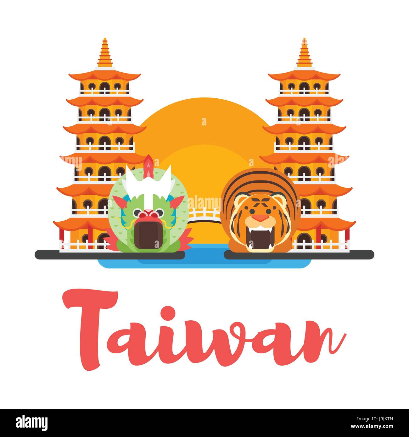 Vettore stile piatto composizione di Taiwan i simboli culturali. Modello per un banner o un poster per il turista. Isolato su sfondo bianco Illustrazione Vettoriale