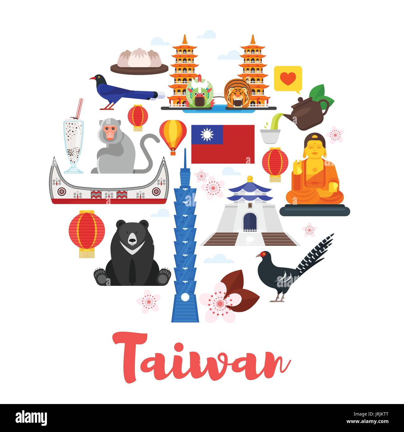 Vettore stile piatta forma di cerchio composizione di Taiwan i simboli culturali. Modello per un banner o un poster per il turista. Isolato su sfondo bianco Illustrazione Vettoriale Vettore stile piatta forma di cerchio composizione di Taiwan i simboli culturali. Modello per un banner o un poster per il turista. Isolato su sfondo bianco Illustrazione Vettoriale