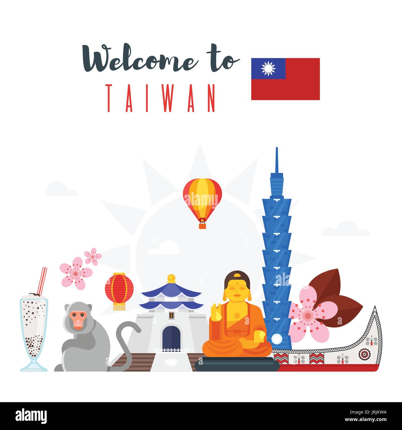 Vettore stile piatto composizione di Taiwan i simboli culturali. Modello per un banner o un poster per il turista. Isolato su sfondo bianco Illustrazione Vettoriale
