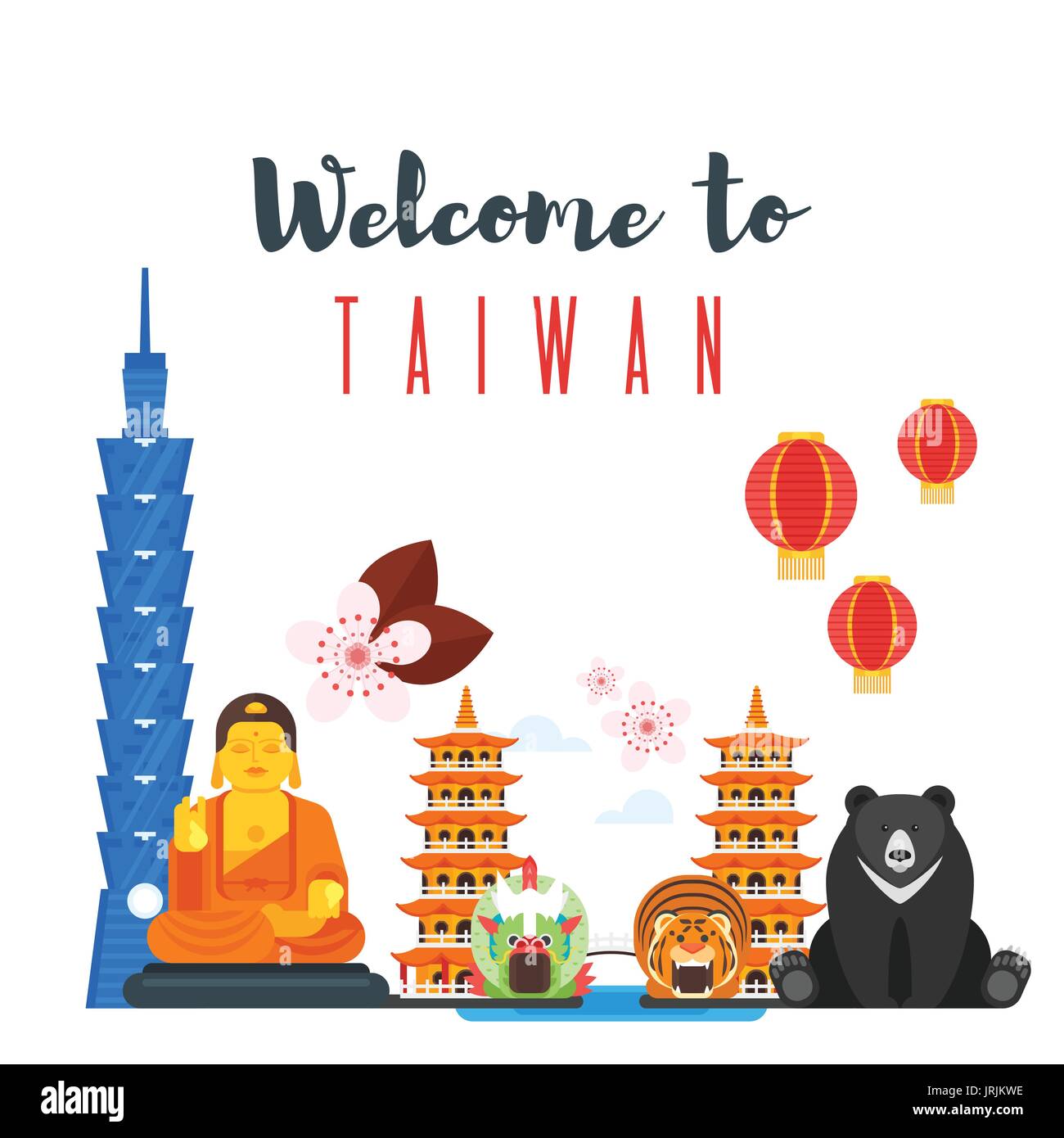 Vettore stile piatto composizione di Taiwan i simboli culturali. Modello per un banner o un poster per il turista. Isolato su sfondo bianco Illustrazione Vettoriale