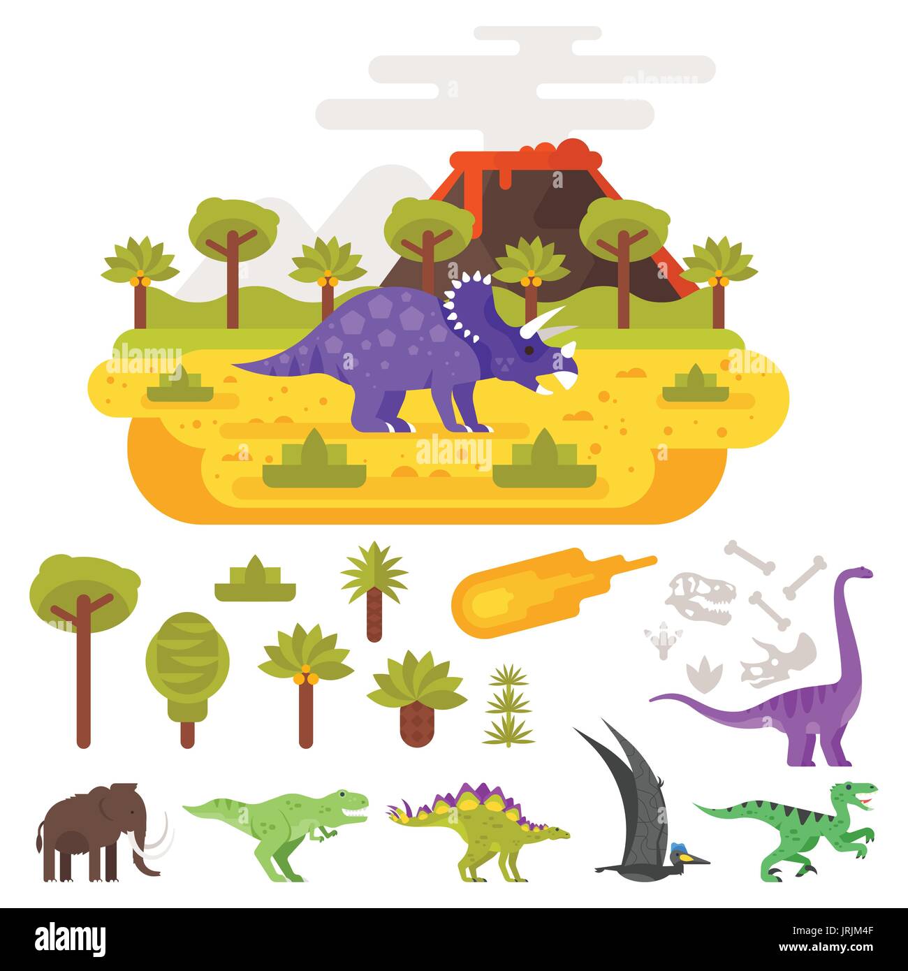 Vettore stile piatto illustrazione preistorica del paesaggio delle montagne e vulcano con i dinosauri. Set di icone Jurassic animali e piante. Isolato su wh Illustrazione Vettoriale