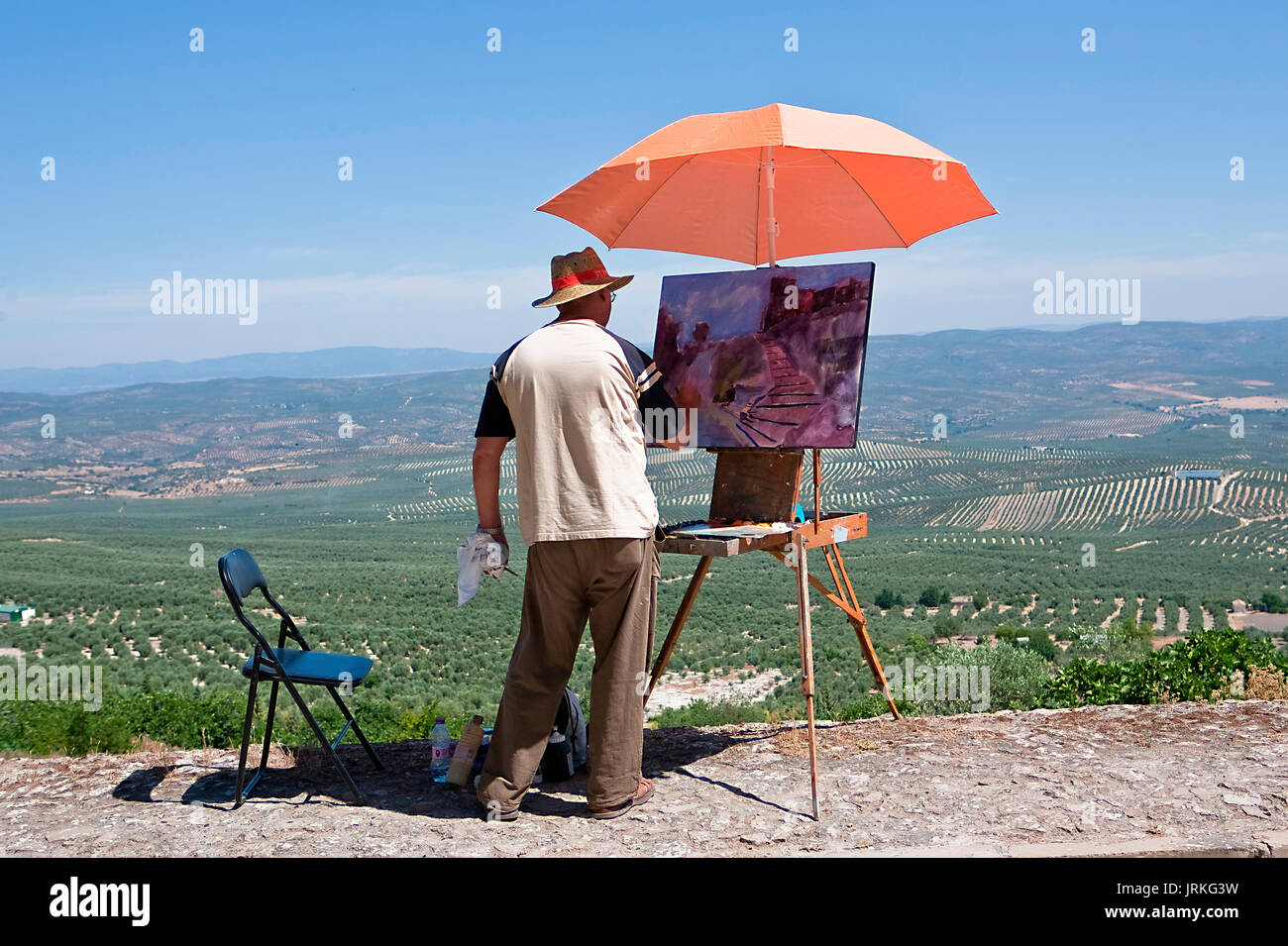 L'uomo dipinto su tela nei pressi del castello di Sabiote, Spagna Foto Stock
