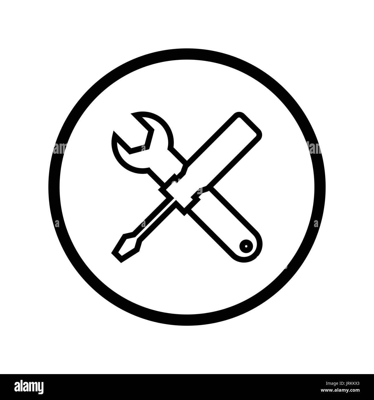 Icona strumenti, un cacciavite e una chiave, Outline stile. Simbolo iconico all'interno di un cerchio, su sfondo bianco. Vettore design iconico. Illustrazione Vettoriale