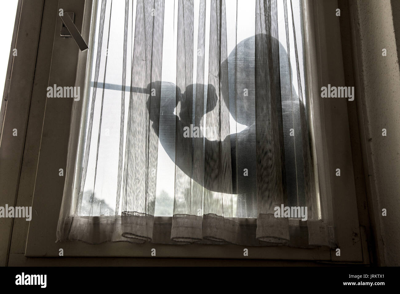 Immagine di simbolo, Appartamento antifurto, ladro tenta di rompere in un appartamento, la rottura di un vetro con l'attrezzo, Foto Stock