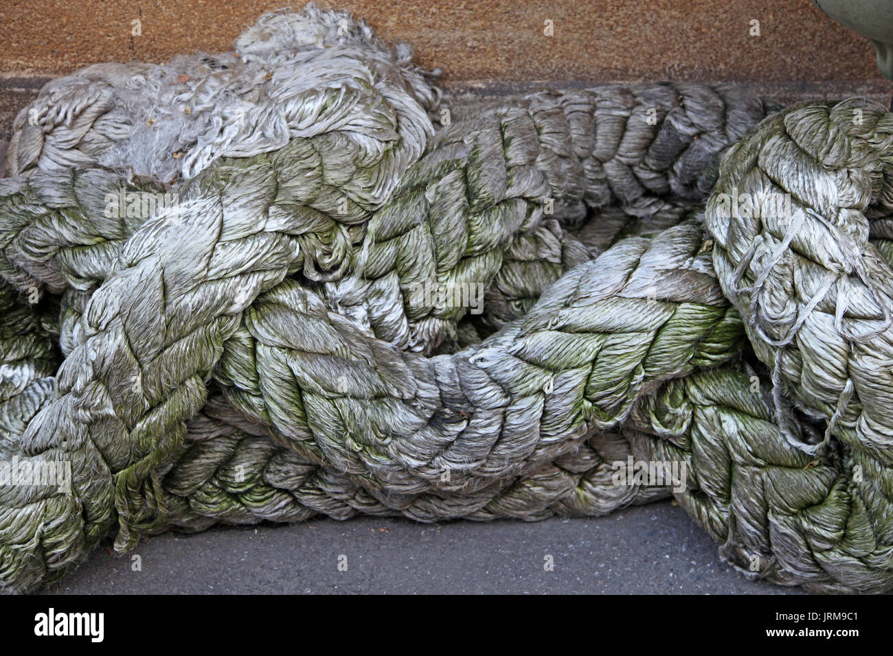 Vecchia e spessa corda per l'ormeggio al porto di Yokohama in Giappone Foto Stock