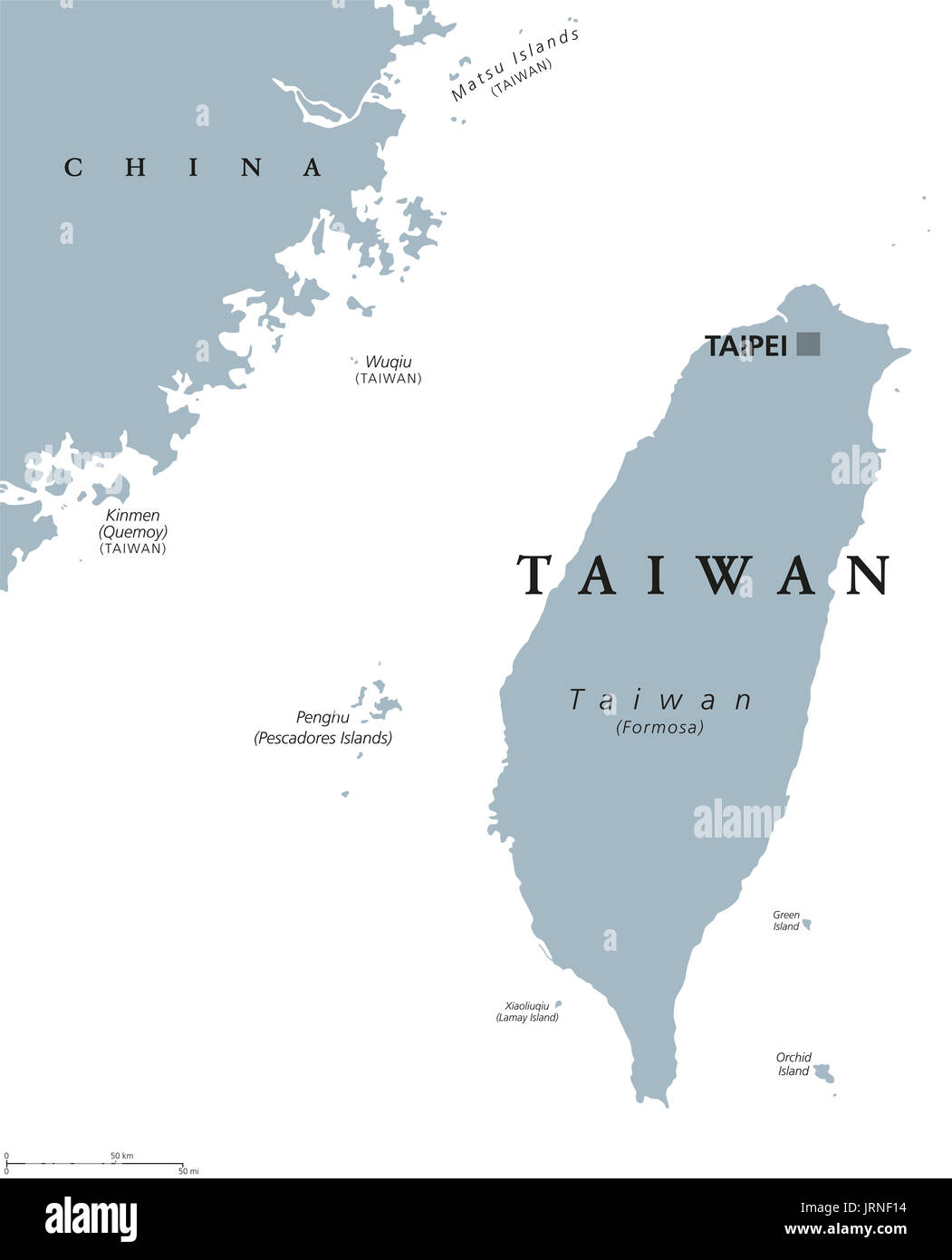 Taiwan mappa politico con capitale Taipei. Etichetta inglese. Ufficialmente la Repubblica di Cina, ROC, uno stato in Asia orientale dell isola di Taiwan. Foto Stock