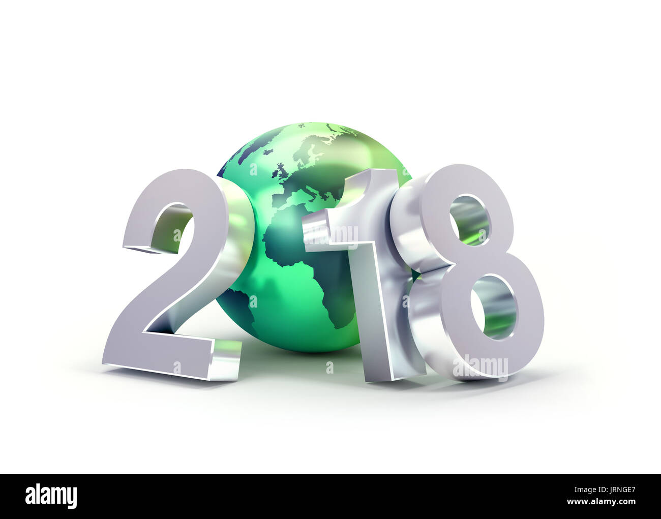 2018 Anno Nuovo tipo composto con una verde del pianeta terra, isolato su bianco - 3D illustrazione Foto Stock