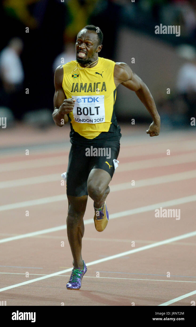 Londra, Regno Unito. 05 Ago, 2017. Justin Gatlin (USA) vince il concorso oltre il favorito Usain Bolt (JAM) presso la IAAF Atletica Campionati del Mondo - Londra 2017 Credit: Mariano Garcia/Alamy Live News Foto Stock