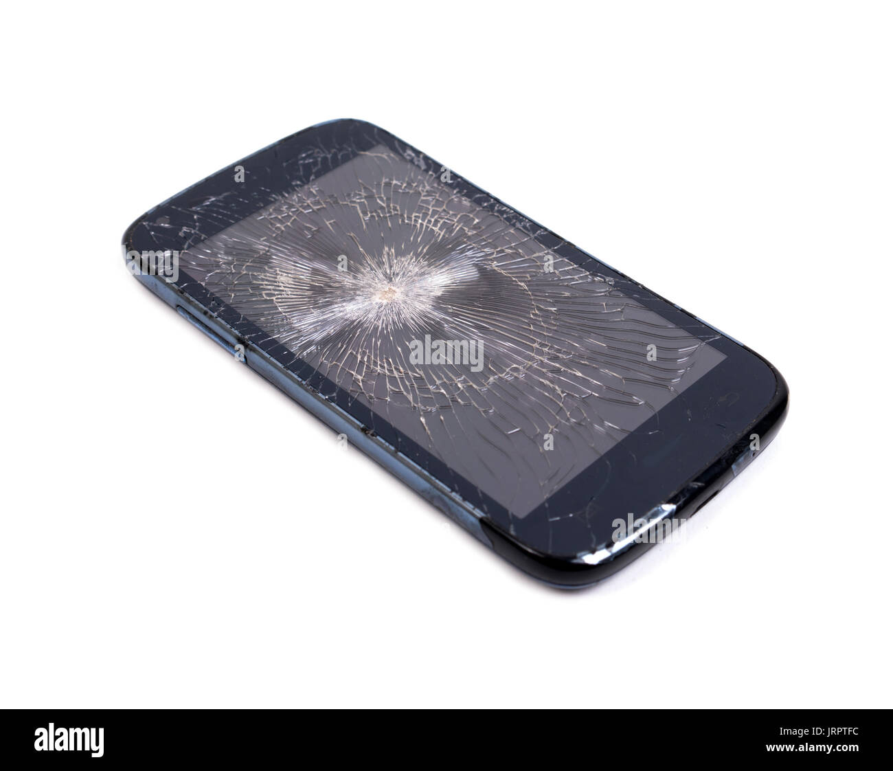 Telefono cellulare lo schermo si è rotto isolati su sfondo bianco Foto Stock