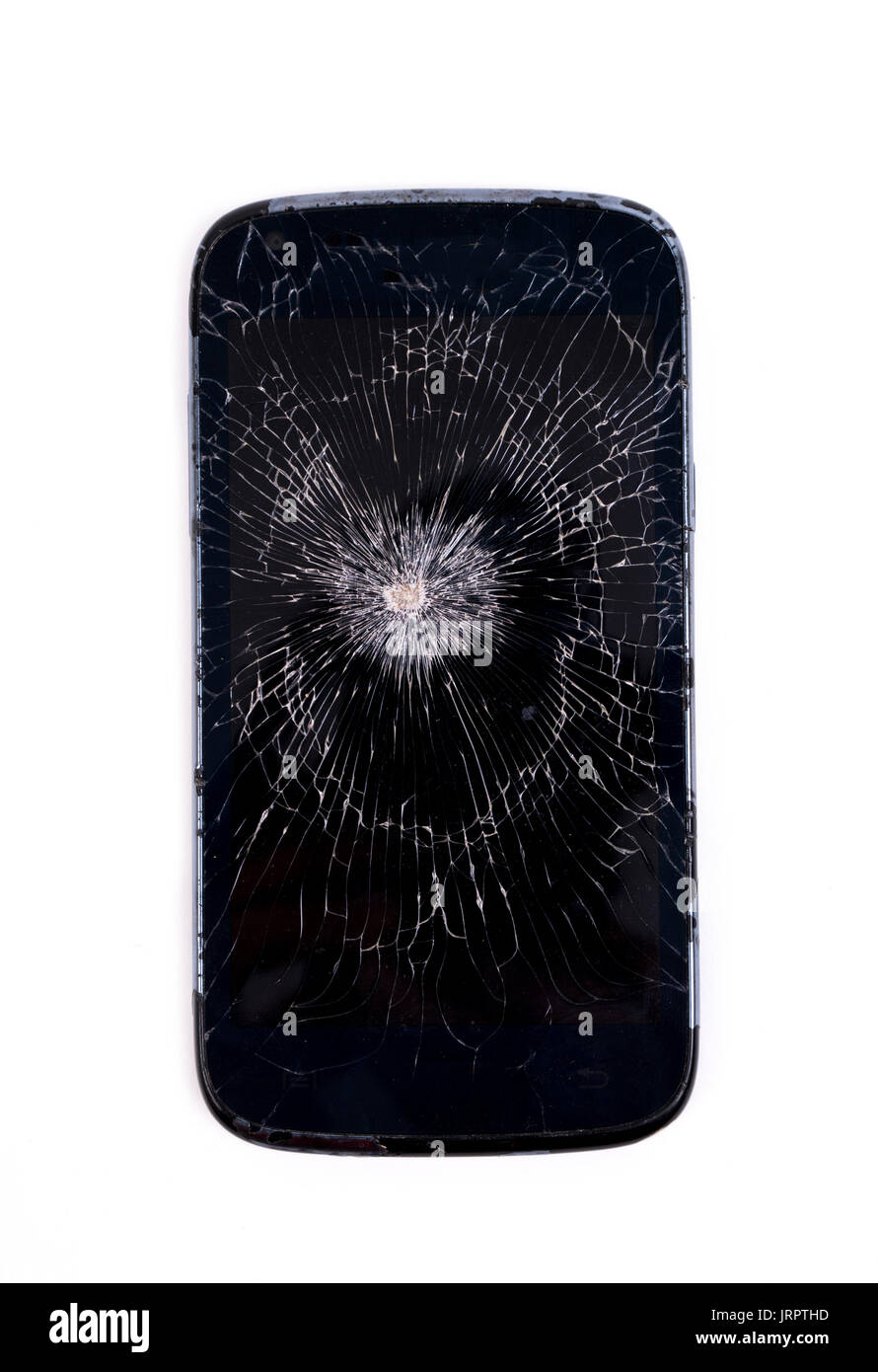 Telefono cellulare lo schermo si è rotto isolati su sfondo bianco Foto Stock