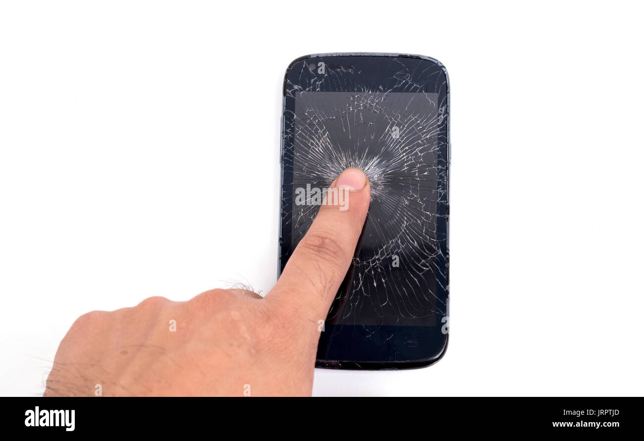 Telefono cellulare lo schermo si è rotto isolati su sfondo bianco Foto Stock