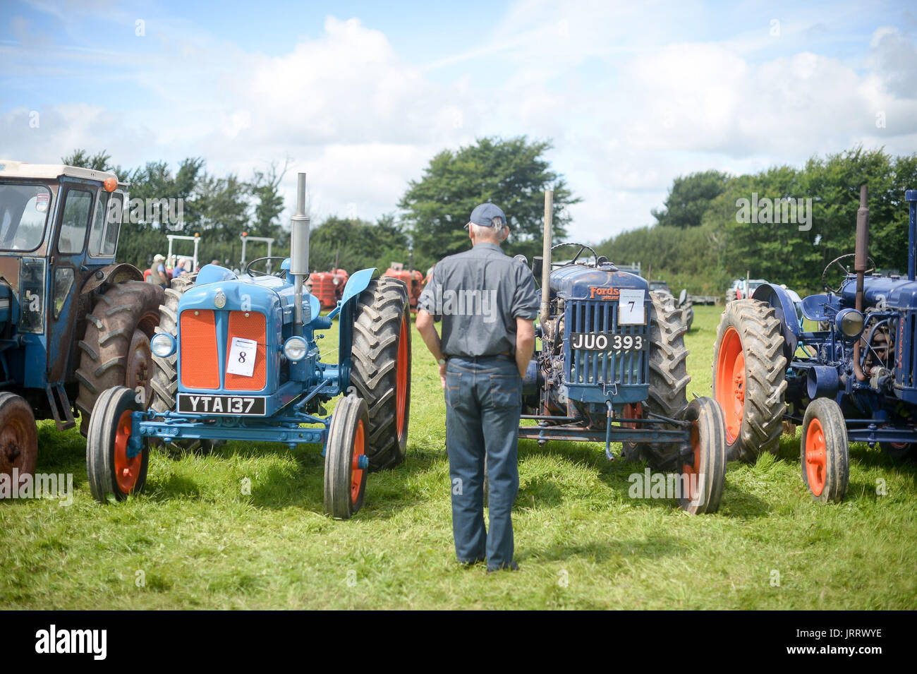 Un uomo ammira trattori d'epoca a Torbay vapore, equo, Brixham Devon. Foto Stock