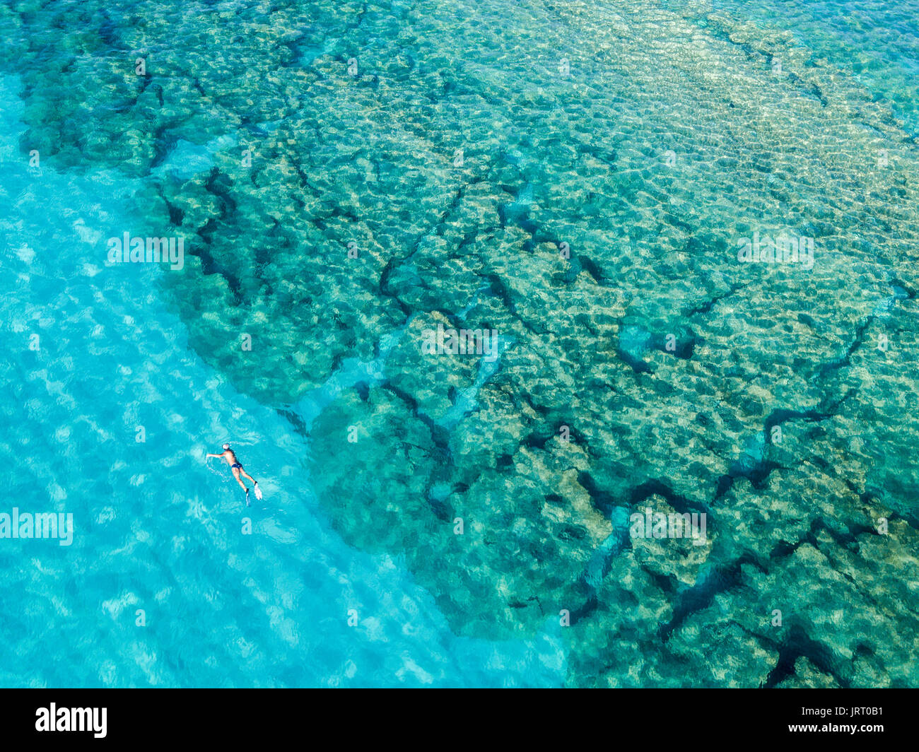 Vista aerea di rocce sul mare. Panoramica dei fondali marini visto dal di sopra, di acqua trasparente. Nuotatori, bagnanti galleggianti sull'acqua Foto Stock