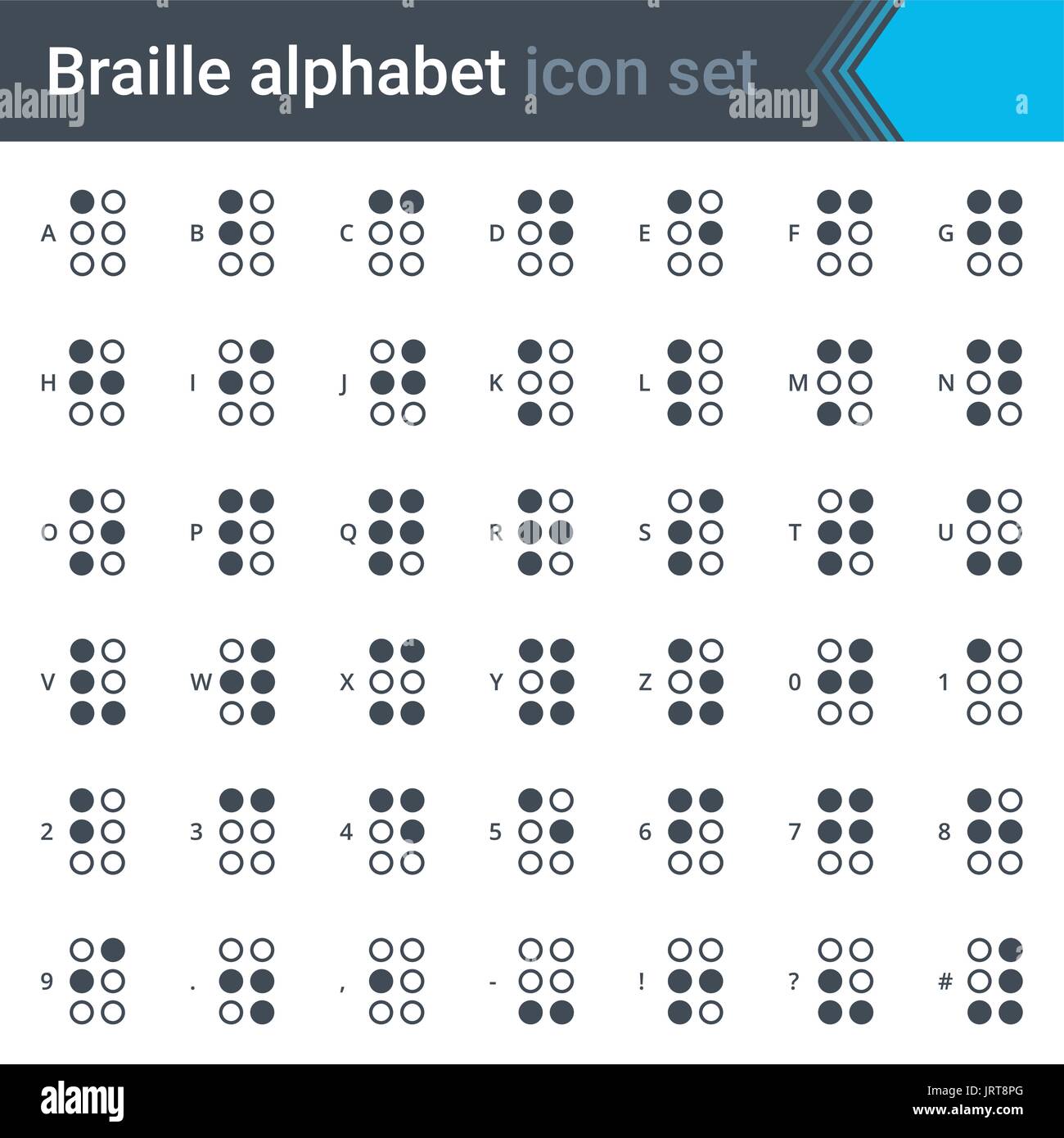 Alfabeto Braille sottile semplice icona set isolato su sfondo bianco Illustrazione Vettoriale